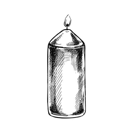 Hand drawn sketch of burning candle. Vector illustration of a vintage style. Halloween or Christmas drawing.のイラスト素材
