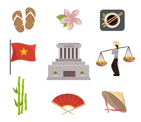 People and symbols of Vietnam vector illustrations set. ASEAN country, cup of sauce and chopsticks, fan, bamboo, conical straw hat, Ho Chi Minh Mausoleum, vietnamese flip flops, flag of Vietnamのイラスト素材