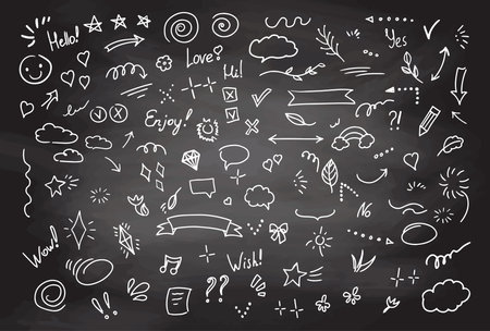Simple sketch line style elements. Doodle cute ink pen line elements on chalkboard background. Doodle arrow, heart, star, sparkle decoration symbol icon set. vector illustration.のイラスト素材