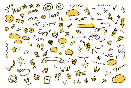 Simple sketch line style elements. Doodle cute ink pen line elements isolated on white background. Doodle arrow, heart, star, sparkle decoration symbol icon set. vector illustration.のイラスト素材