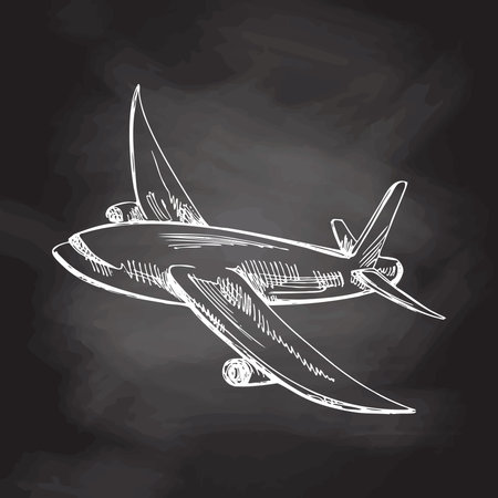 Hand drawn sketch of flying plane. Vintage vector illustration isolated on chalkboard background. Doodle drawing. digital technology.のイラスト素材