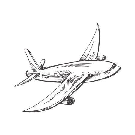 Hand drawn sketch of flying plane. Vintage vector illustration isolated on white background. Doodle drawing. digital technology.のイラスト素材