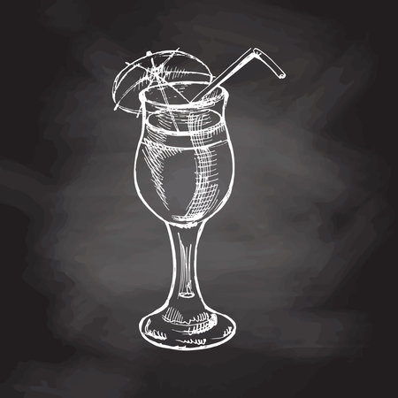Hand drawn sketch of cocktail with straw and umbrella. Vintage vector illustration of cocktail in glass isolated on chalkboard background. Doodle drawing.のイラスト素材