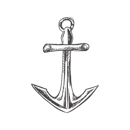 Hand drawn sketch of ship's anchor. Vintage vector illustration isolated on white background. Doodle drawing.のイラスト素材