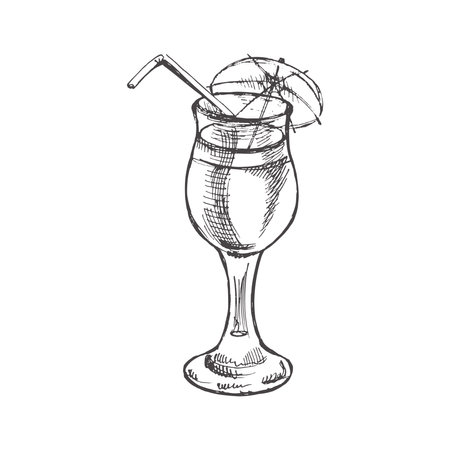 Hand drawn sketch of cocktail with straw and umbrella. Vintage vector illustration of cocktail in glass isolated on white background. Doodle drawing.のイラスト素材