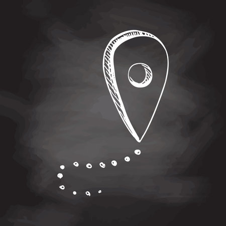 Hand drawn sketch of geolocation mark. Vintage vector illustration isolated on chalkboard background. Doodle drawing.のイラスト素材