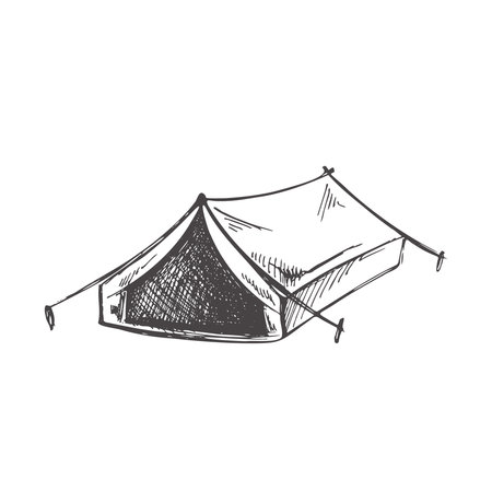 Hand drawn sketch of tourist tent. Vintage vector illustration isolated on white background. Doodle drawing.のイラスト素材