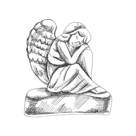 Hand drawn sad stone angel sitting with his head on his knees. Marble stone. Vector drawing isolated illustration for funeral business. Sketch christian symbol of death, cemetery, sorrow, burial and afterlifeのイラスト素材