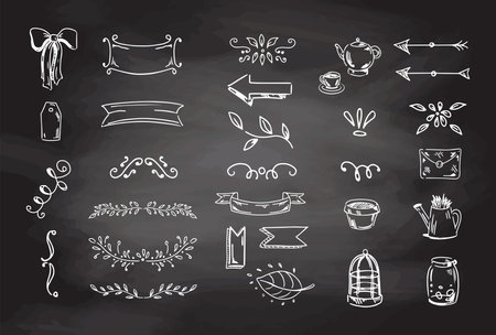 Simple sketch line style elements. Doodle cute ink pen line vintage elements isolated on chalkboard background. Doodle arrows, bow, garden tools, floral elements, leaves, decoration symbols, icon set. vector illustration.のイラスト素材