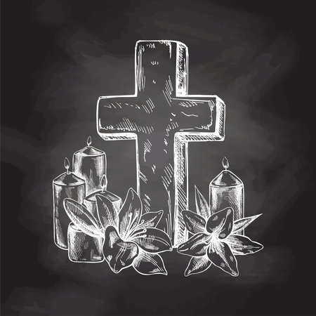 Old marble stone christ cross with candles and lilies. Vector hand drawn isolated illustration on chalkboard background. Sketch symbol of Jesus, death, cemetery, christianity, religion, faith, trust and resurrectionのイラスト素材