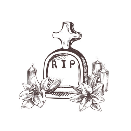 Old hand drawn murble stone tombstone with candles and lilies.. Rest in peace vector drawing illustration for funeral service, card or last farewell card. Sketch of grave or cemetery, resting placeのイラスト素材