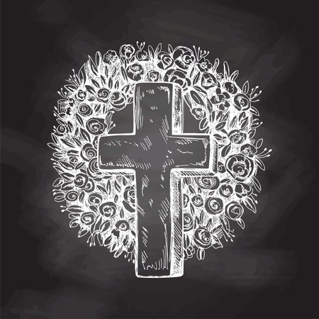 Old marble stone christ cross with a wreath. Vector hand drawn isolated illustration on chalkboard background. Sketch symbol of Jesus, death, cemetery, christianity, religion, faith, trust and resurrectionのイラスト素材