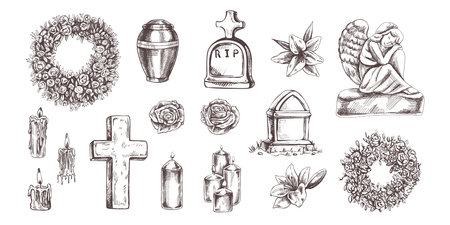 Hand drawn set for Funeral service. vector illustration. Attributes and symbols of condolence, loss, dead, bereavement and cemetry. Sketch of vintage stone angel, tombstone, urn, cross, resurrection.のイラスト素材