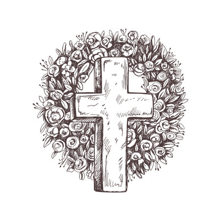 Old marble stone christ cross with a wreath. Vector hand drawn isolated illustration on white background. Sketch symbol of Jesus, death, cemetery, christianity, religion, faith, trust and resurrectionのイラスト素材