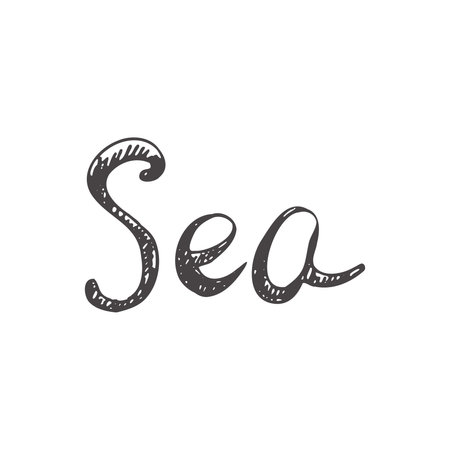 Simple sketch line style element. Doodle cute ink pen Sea lettering on white background. Doodle lettering. vector illustrationのイラスト素材