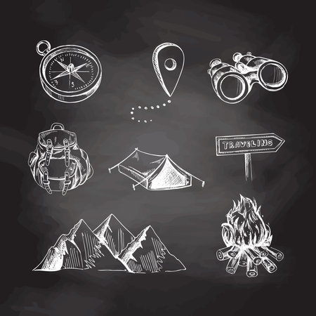 Hand drawn sketch set of travel icons isolated on chalkboard background. Tourism and camping adventure icons. Ð¡lipart with traveling elements: mountains, campfire, backpack, binoculars, compass, tentのイラスト素材
