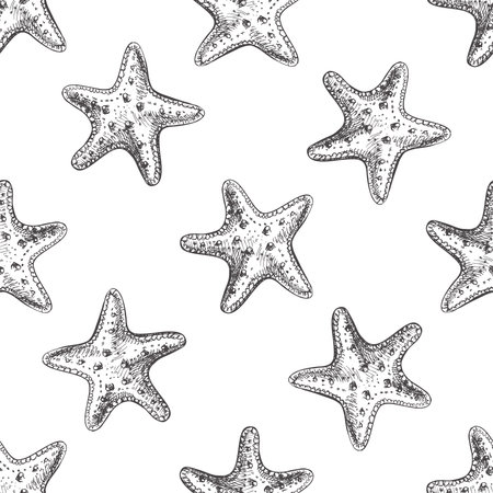 Hand drawn vector illustrations - seamless pattern of starfish. marine background. Perfect for invitations, greeting cards, posters, prints, banners, flyers etcのイラスト素材