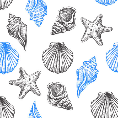 Hand drawn vector illustrations - seamless pattern of seashells and starfish. marine background. Perfect for invitations, greeting cards, posters, prints, banners, flyers etcのイラスト素材