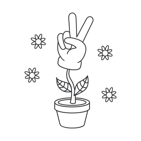 Hand gesture V sign as victory or peace icon. Illustration in outline style. Hand in flower pot. 70s retro vector design.のイラスト素材