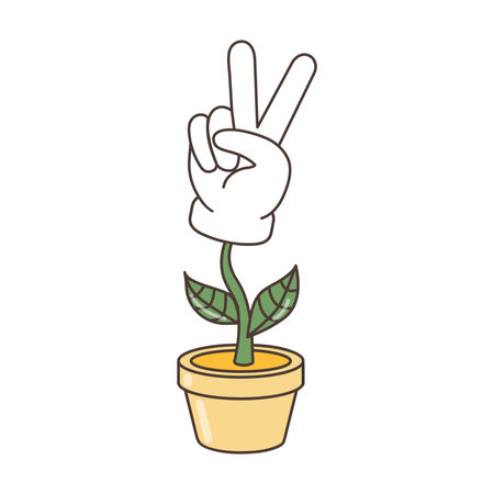 Hand gesture V sign as victory or peace icon. illustration in cartoon style. Hand in flower pot. illustration in cartoon style. 70s vintage clipart vector design.のイラスト素材