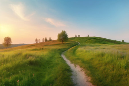 A picturesque winding path through a field with green grass. AI generated illustration.の素材
