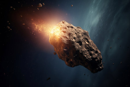 Abstract space illustration with an asteroid with a burning trail. AI generated illustration.の素材