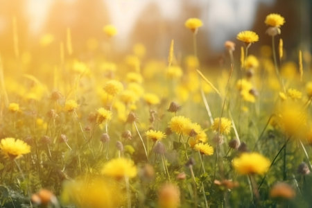 Green field with yellow dandelions. Closeup of yellow spring flowers on the ground. AI generated illustration.の素材