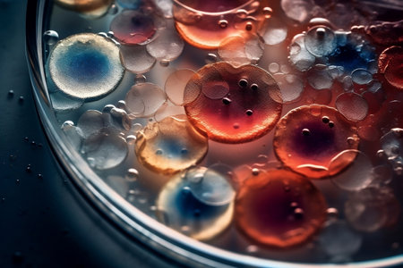 Bacteria and virus cells in a petri dish in a scientific laboratory. Mold cultures. Experimental for biochemistry, biotechnology, biological science laboratory. AI generated.の素材