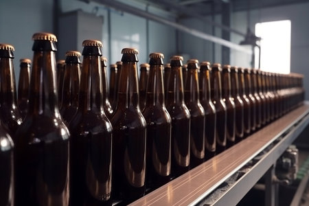 Brown glass beer drink alcohol bottles, brewery. AI generated illustration.の素材
