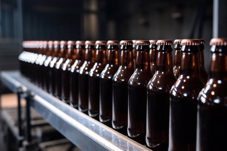 Brown glass beer drink alcohol bottles, brewery. AI generated illustration.の素材