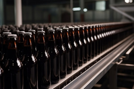 Brown glass beer drink alcohol bottles, brewery. AI generated illustration.の素材