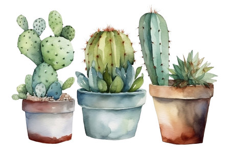 Watercolor set cacti and house plants. AI generated illustration.の素材