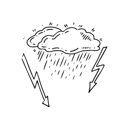 Simple sketch line style element. Doodle cute ink pen cloud with rain and lightning on white background. Eco concept.のイラスト素材