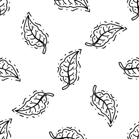 Simple sketch line style element. Doodle cute ink pen leaf on white background. Doodle leaf seamless pattern. Eco concept.のイラスト素材