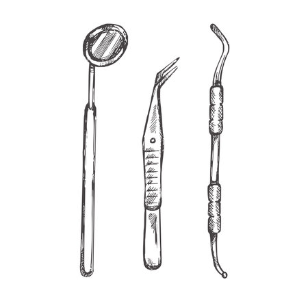 Hand drawn dental attributes. Professional dental tools vintage vector illustration set isolated on white background. Equipment for orthodontists.のイラスト素材