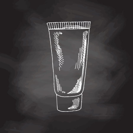 Hand drawn toothpaste vintage sketch isolated on chalkboard background. vector illustration. Toothache treatment.のイラスト素材