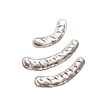 organic food. Hand drawn vector sketch of barbecue grilled sausages. Doodle vintage illustration. Decorations for the menu of cafes and labels. engraved image.のイラスト素材