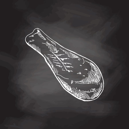 organic food. Hand drawn vector sketch of fried chicken leg, food meat. Doodle vintage illustration on chalkboard backgrouns. Decorations for the menu of cafes and labels. engraved image.のイラスト素材