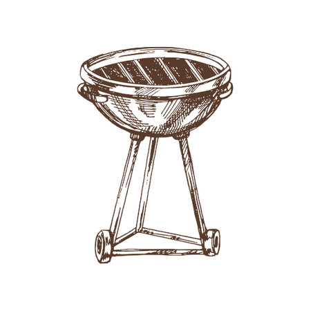 Hand drawn vector sketch of Barbecue grill on white background. Doodle vintage illustration. Decorations for the menu of cafes and labels. engraved image.のイラスト素材