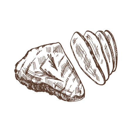 organic food. Hand drawn vector sketch of grilled beef steak, piece of meat. Doodle vintage illustration. Decorations for the menu of cafes and labels. engraved image.のイラスト素材