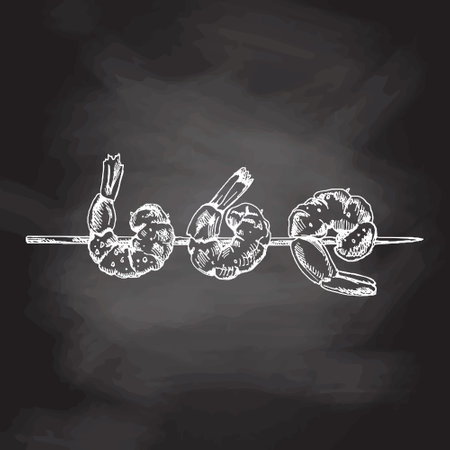 organic food. Hand drawn vector sketch of cooked shrimp on a skewer. Doodle vintage illustration isolated on chalkboard background. Decorations for the menu of cafes and labels. engraved image.のイラスト素材