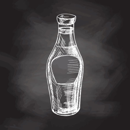 organic food. Hand drawn vector sketch of glass bottle with sauce, ketchup. Doodle vintage illustration isolated on chalkboard background. Decorations for the menu of cafes and labels. engraved image.のイラスト素材