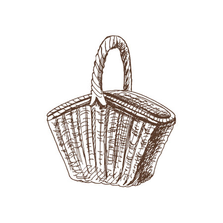 Hand drawn vector sketch of a wicker picnic basket. Doodle vintage illustration. engraved image.のイラスト素材