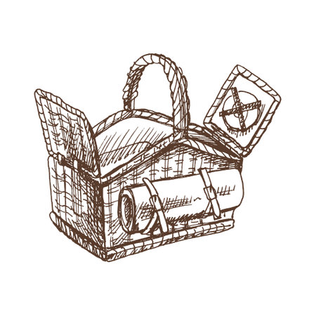Hand drawn vector sketch of a wicker picnic basket. Doodle vintage illustration. engraved image.のイラスト素材
