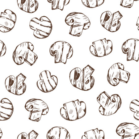 Hand-drawn vector seamless pattern of grilled champignons. Vintage doodle illustration. Sketch for cafe menus and labels. The engraved image.のイラスト素材
