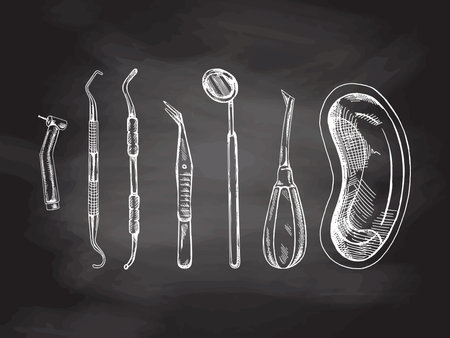 Hand drawn dental attributes. Professional dental tools vintage vector illustration set isolated on chalkboard background. Equipment for orthodontists.のイラスト素材