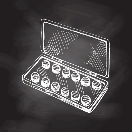 Vector hand-drawn school and art supplies Illustration on chalkboard background. Detailed retro style box with watercolor paints sketch. vintage sketch element. back to school.のイラスト素材