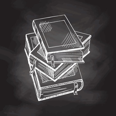 Vector hand-drawn school and office supplies Illustration on chalkboard background. Detailed retro style books sketch. vintage sketch element. back to school.のイラスト素材