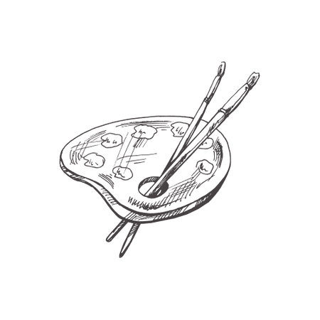 Vector hand-drawn school and art supplies Illustration. Detailed retro style palette with paints and brushes sketch. vintage sketch element. back to school. school essential illustration.のイラスト素材