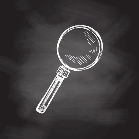Vector hand-drawn school and office supplies Illustration. Detailed retro style magnifier sketch on chalkboard background. vintage sketch element. back to school. school essential illustration. desktop.のイラスト素材